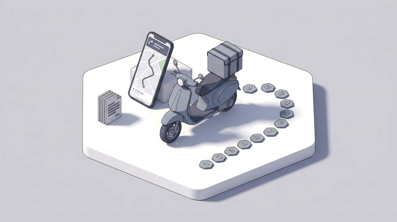 配達スクーター・スマートフォン・時系列タイルで構成されたMOTO SCOOP第4弾アイキャッチ画像(AI生成・isometric 2.5D)